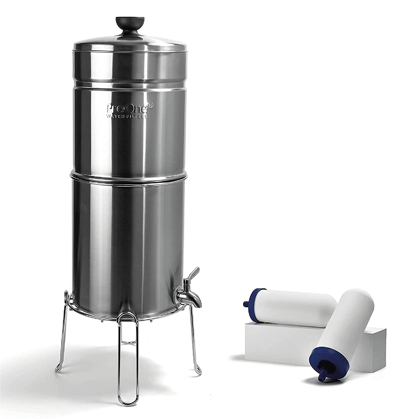 ProOne Big+ Brush Stainless-Steel Gravity Water Filter System, 3-Gallon Water Capacity, Countertop Water Dispenser for Home, Camping, and Travel Includes 2 ProOne 7-inch Filter Elements and Wire Stand