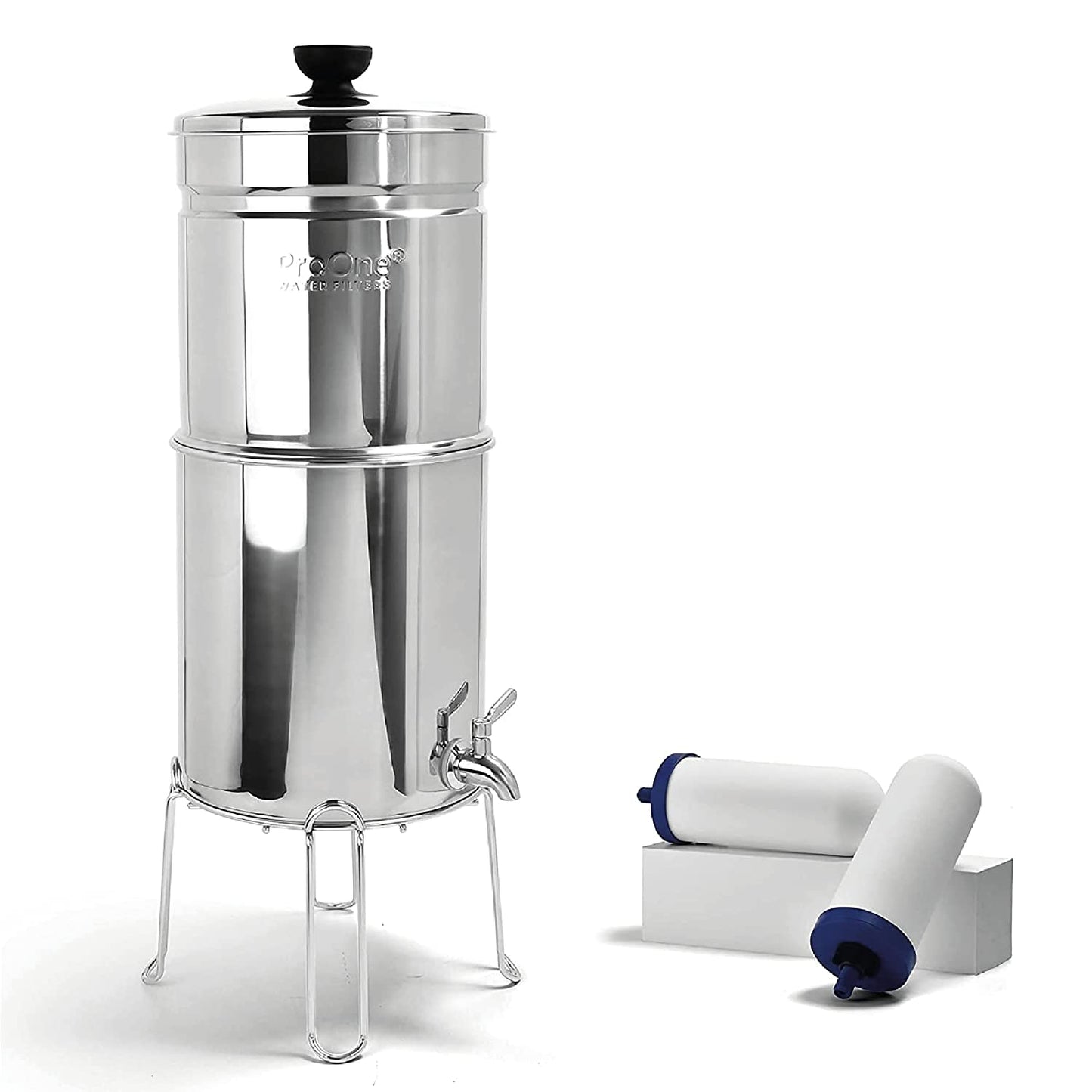 ProOne Traveler+ Stainless-Steel Gravity Water Filter System, 2.25-Gallon Water Capacity, Countertop Water Dispenser for Home, Camping, and Travel w/ (2) 7-inch Filter & Wire Stand