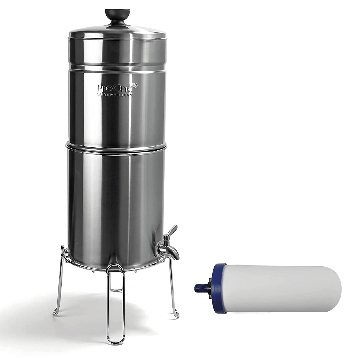 ProOne Big+ Stainless-Steel Gravity Water Filter System, 3-Gallon Water Capacity, Countertop Water Dispenser for Home, Camping, and Travel w/ (1) 7-inch Filter & Wire Stand