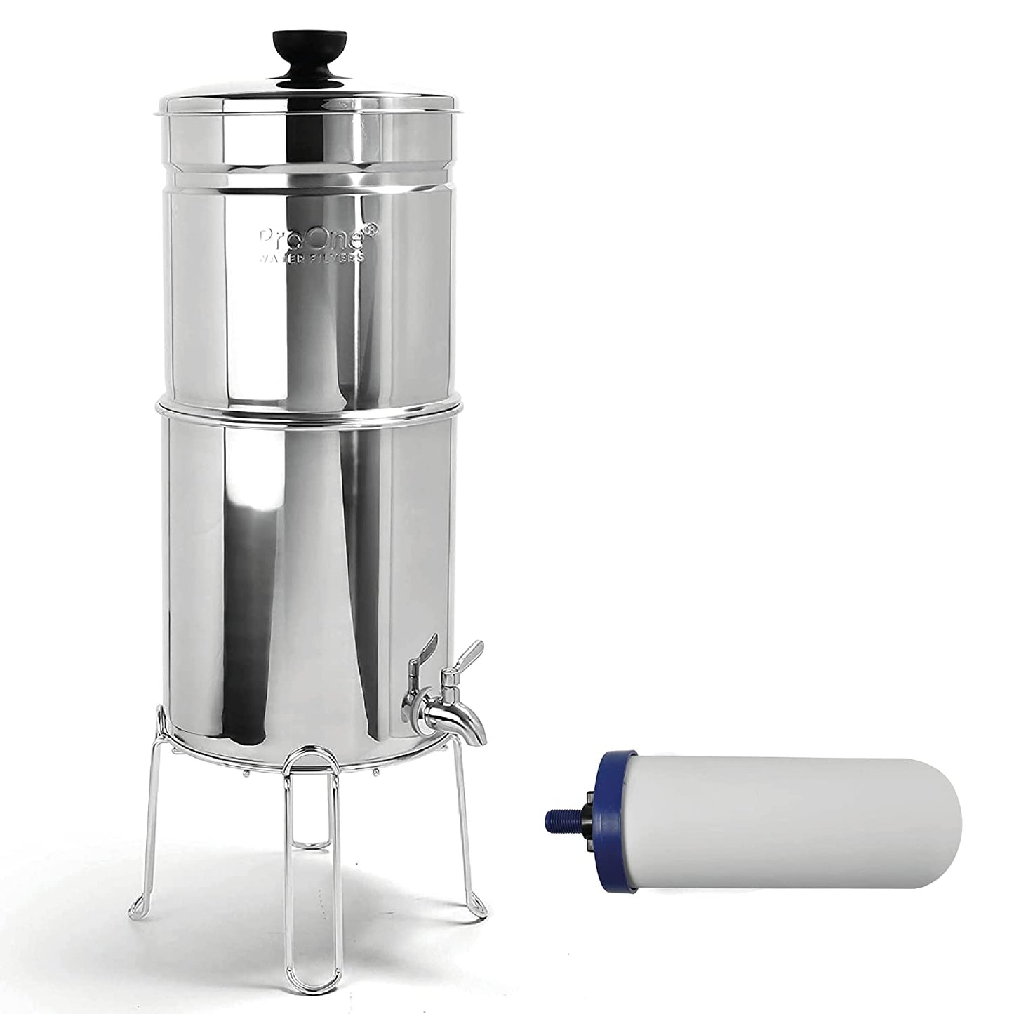 ProOne Big+ Stainless-Steel Gravity Water Filter System, 3-Gallon Water Capacity, Countertop Water Dispenser for Home, Camping, and Travel with 7 inches Filter
