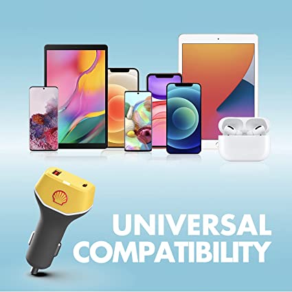 Shell iPhone Car Charger, 48W Dual Port USB Fast Car Charger, 30W PD USB C + 18W QC USB A, Car Charger Adapter for iPhone 13 /Pro/Max/Mini, iPad Pro/Air/Mini, MacBook Air, Tablets, GPS, etc.