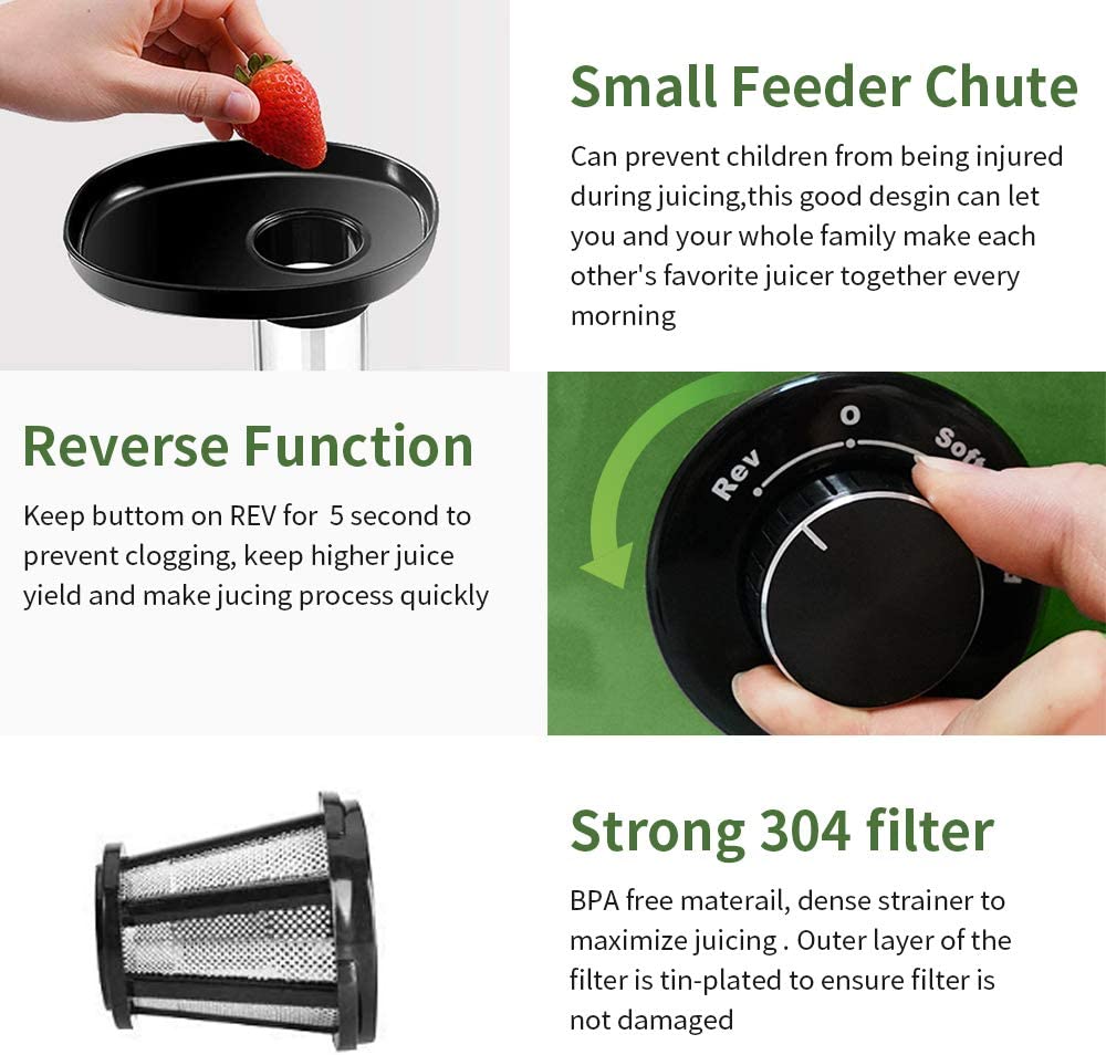 CIRAGO Juicer Machines, Slow Masticating Juicer Extractor Two Speed Adjustment, Easy to Clean, Quiet Motor, Cold Press Juicer for Vegetables and Fruits, BPA-Free (Green)