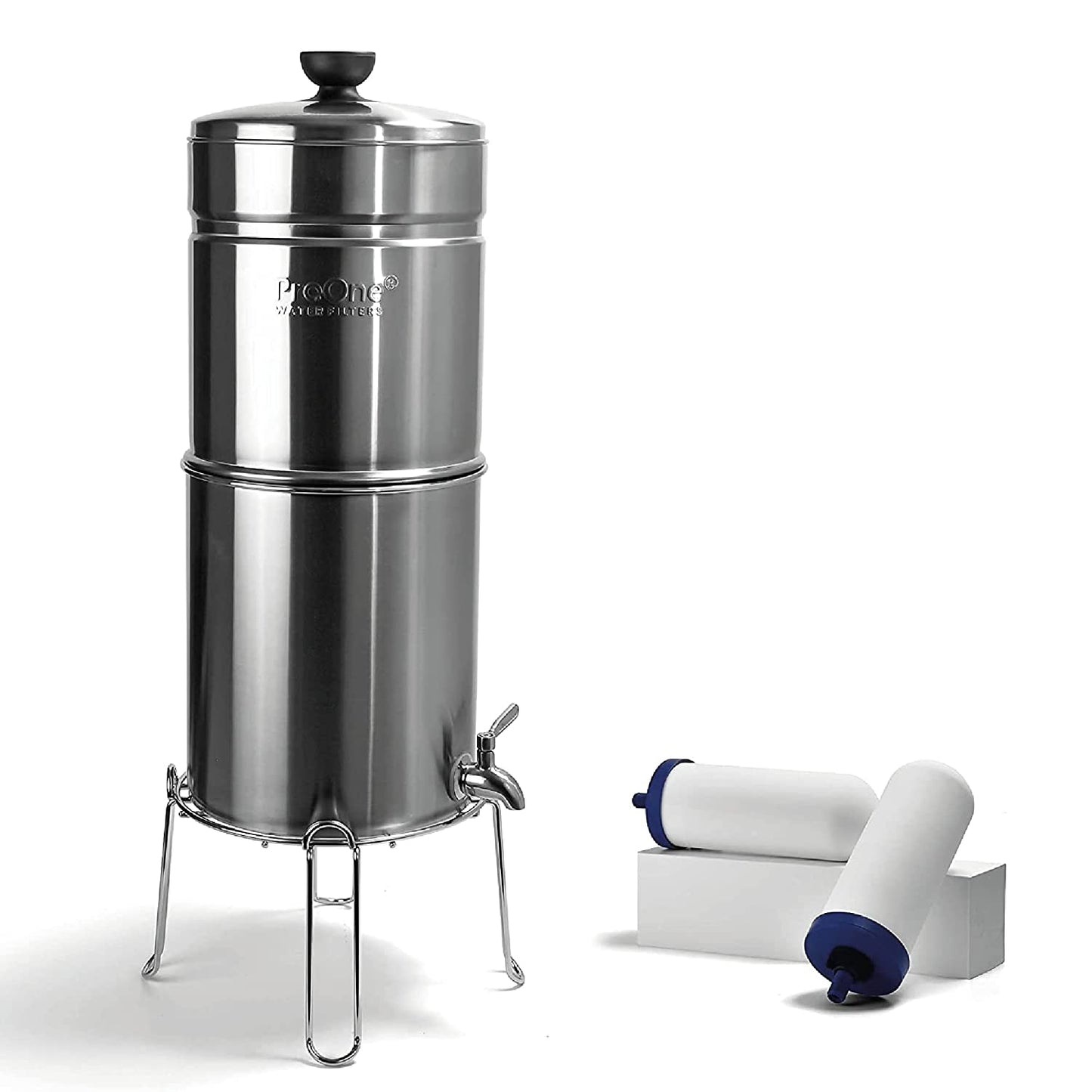 ProOne Traveler+ Stainless-Steel Gravity Water Filter System, 2.25-Gallon Water Capacity, Countertop Water Dispenser for Home, Camping, and Travel w/ (2) 7-inch Filter & Wire Stand