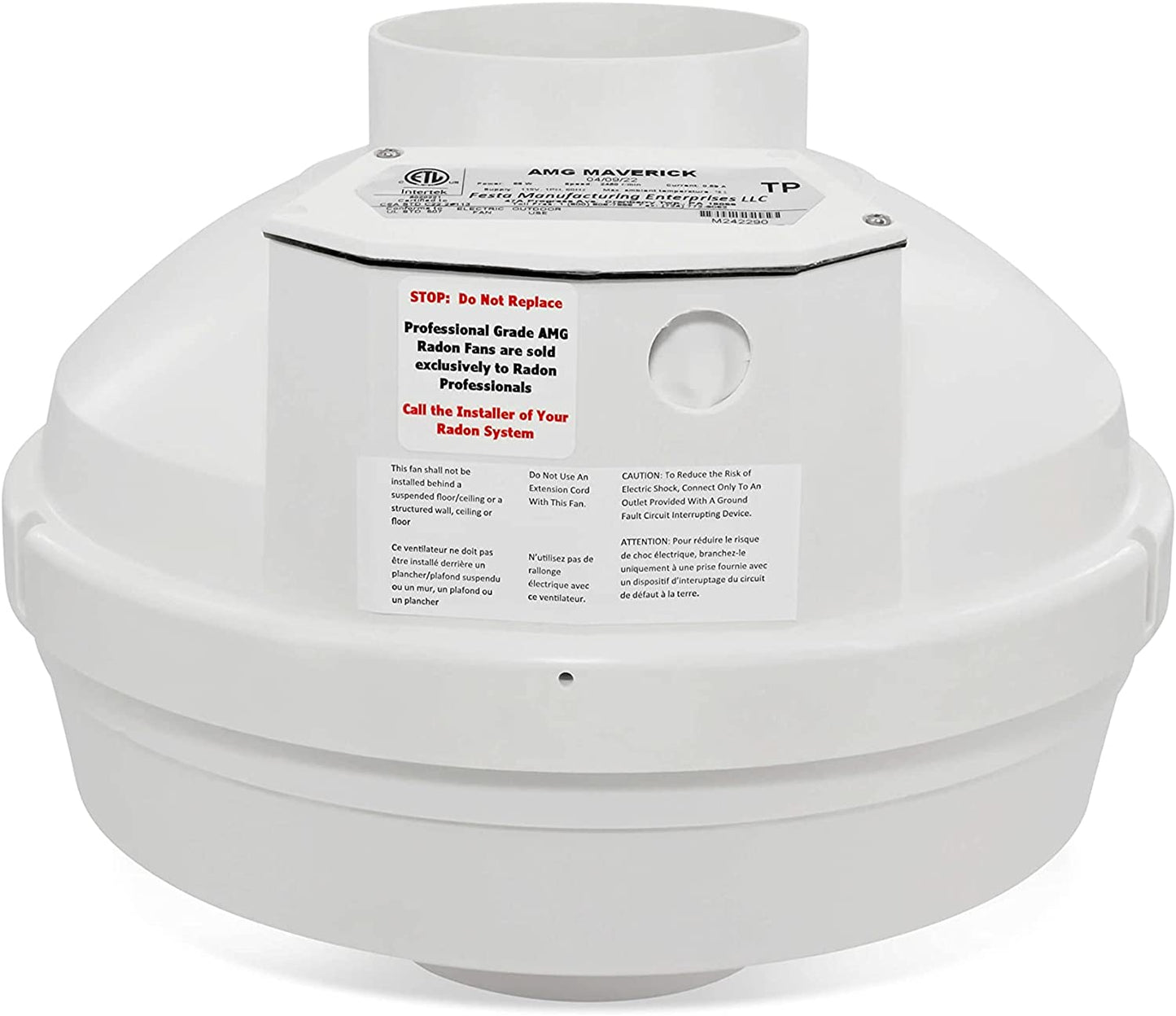 Festa Radon AMG Maverick Radon Fan - Quiet and Energy Efficient 260 CFM Radon Mitigation System Inline Duct Fan - 4" Electric Inline Fan - Made with Sturdy Glass Reinforced Poly-Resin – White