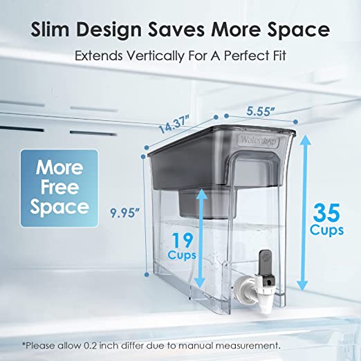 Waterdrop Slim Water Filter Dispenser, Large 35-Cup, 200-Gallon Long-Life, 5X Times Lifetime, Reduces Chlorine and More, BPA Free, Black (1 Filter Included)