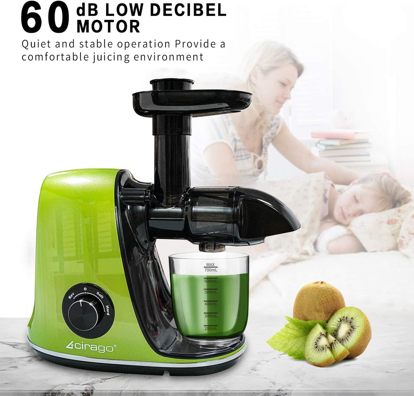 CIRAGO Juicer Machines, Slow Masticating Juicer Extractor Two Speed Adjustment, Easy to Clean, Quiet Motor, Cold Press Juicer for Vegetables and Fruits, BPA-Free (Green)