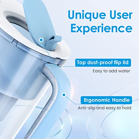 Waterdrop 200-Gallon Long-Life 10-Cup Water Filter Pitcher with 1 Filter, NSF Certified, 5X Times Lifetime, Reduces Chlorine, BPA Free, Blue