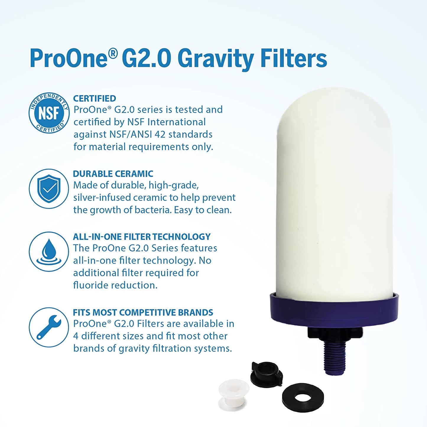 ProOne Traveler+ Stainless-Steel Gravity Water Filter System, 2.25-Gallon Water Capacity, Countertop Water Dispenser for Home, Camping, and Travel w/ (2) 7-inch Filter & Wire Stand