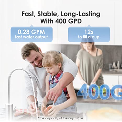 Waterdrop Reverse Osmosis System, Tankless RO Water Filter System, Under Sink, 6 Stage RO Filtration, Automatic Flushing, 400 GPD, 1:1 Pure to Drain, Reduces TDS, Brushed Nickel Faucet, WD-D4-W