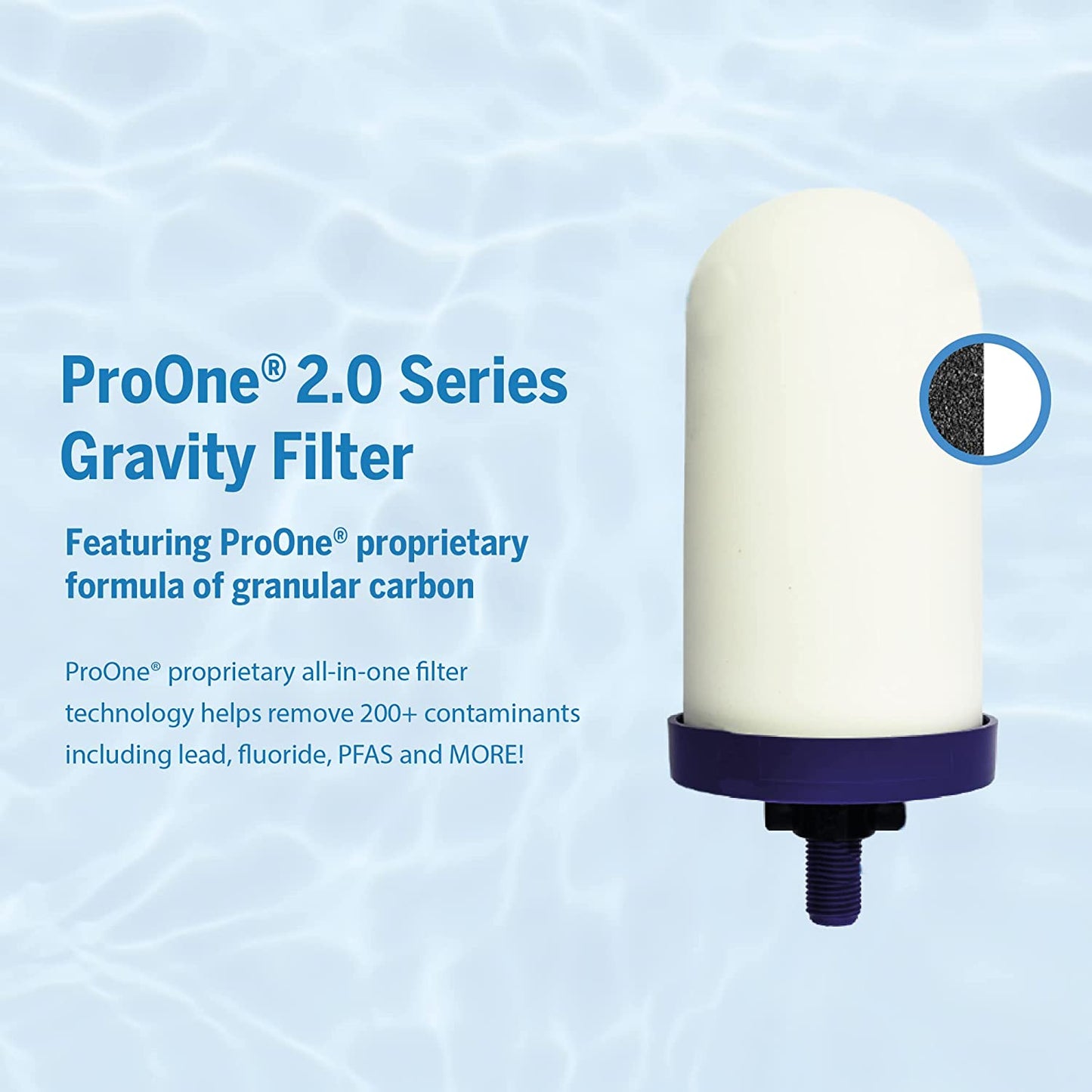 ProOne Traveler+ Stainless-Steel Gravity Water Filter System, 2.25-Gallon Water Capacity, Countertop Water Dispenser for Home, Camping, and Travel w/ (2) 7-inch Filter & Wire Stand