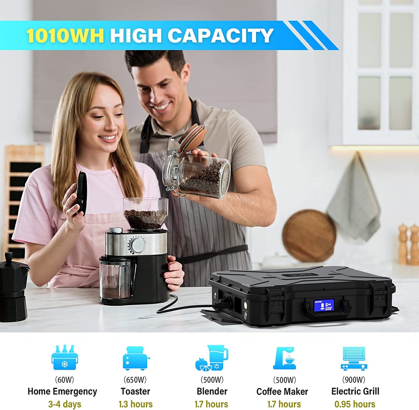 MONTEK X1000 Portable Power Station, Solar Generator with 1010Wh, 2x1000W AC & 100W PD Port, 2.5H to Full Charge, Water Resistant, for Home Backup Battery, Outdoor RV, Camping, Emergencies