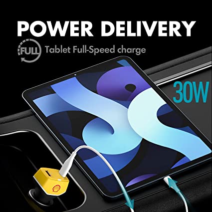 Shell iPhone Car Charger, 48W Dual Port USB Fast Car Charger, 30W PD USB C + 18W QC USB A, Car Charger Adapter for iPhone 13 /Pro/Max/Mini, iPad Pro/Air/Mini, MacBook Air, Tablets, GPS, etc.