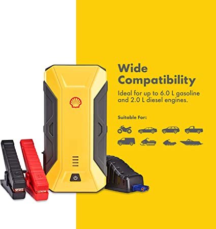 Shell SH912 800A 12V Portable Lithium Jump Starter for 6-Liter Gasoline and 2-Liter Diesel Engines, 10 Safety Protections, Power Bank, 3 USB Ports, Battery Booster + Jumper Cables