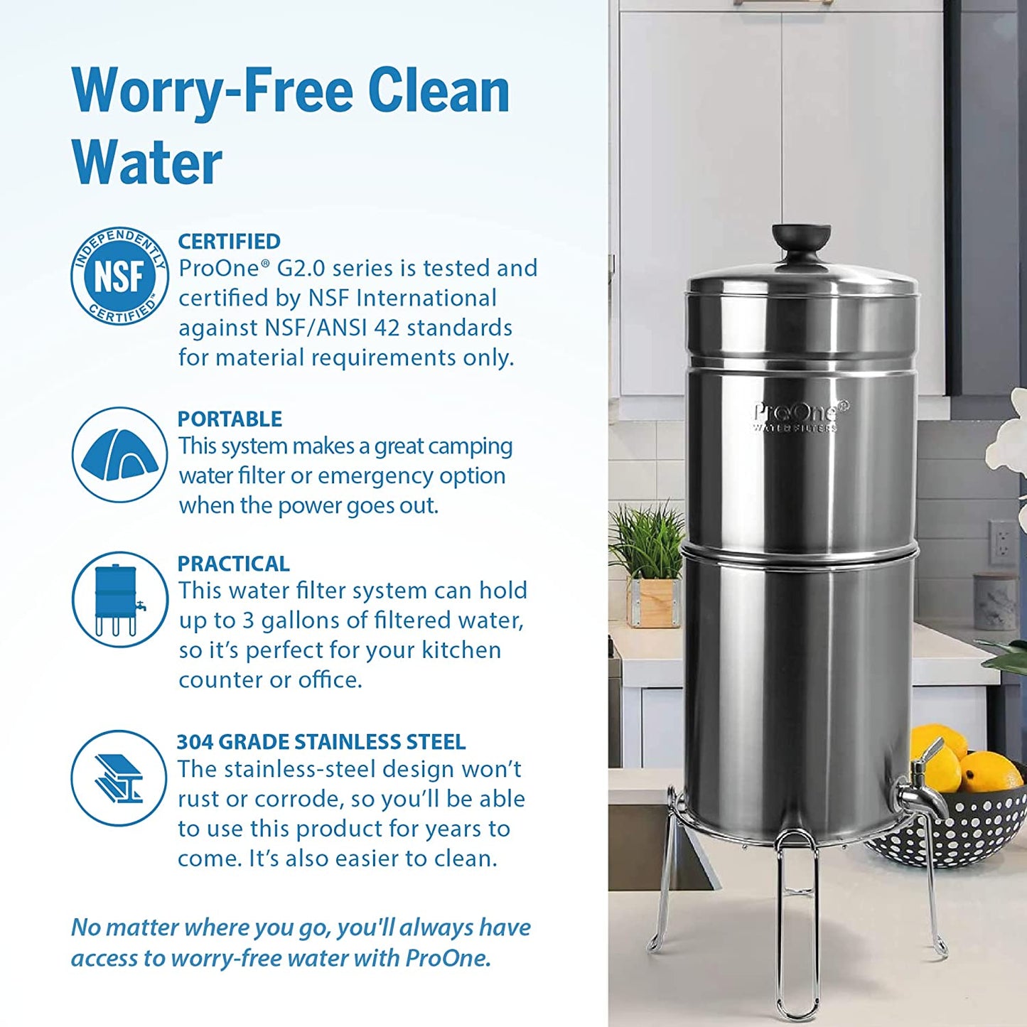 ProOne Big+ Stainless-Steel Gravity Water Filter System, 3-Gallon Water Capacity, Countertop Water Dispenser for Home, Camping, and Travel w/ (3) 9-inch Filters & Wire Stand