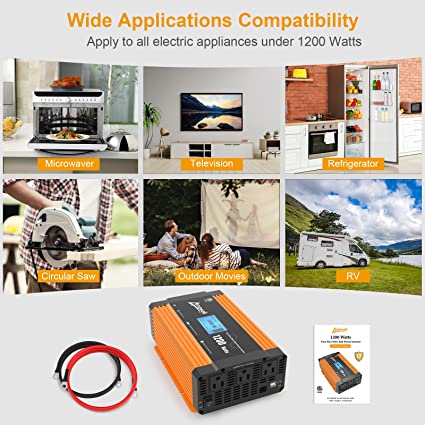 Ampeak 1200W Pure Sine Wave Inverter 17 Protections Power Inverter DC 12V to AC 110V 4.8A USB Ports 3AC Outlets ETL for Hurricanes, Power Outages