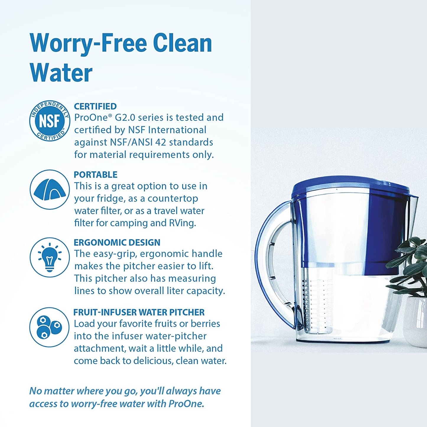 ProOne Water Filter Pitcher with Fruit Infuser, Filtered Water Pitcher for Kitchen, Office, Camping, or RVing