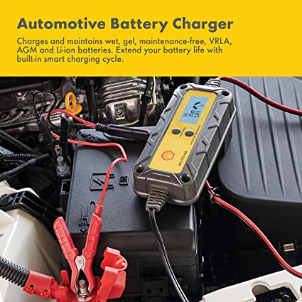 Shell SBC400 4 Amp 6V and 12V Fully Automatic Smart Charger and Maintainer, trickle Charger, Battery Desulfator, for Lead Acid, Gel, AGM, Li-on, 7 Levels of Protection and 11-Stage Charging