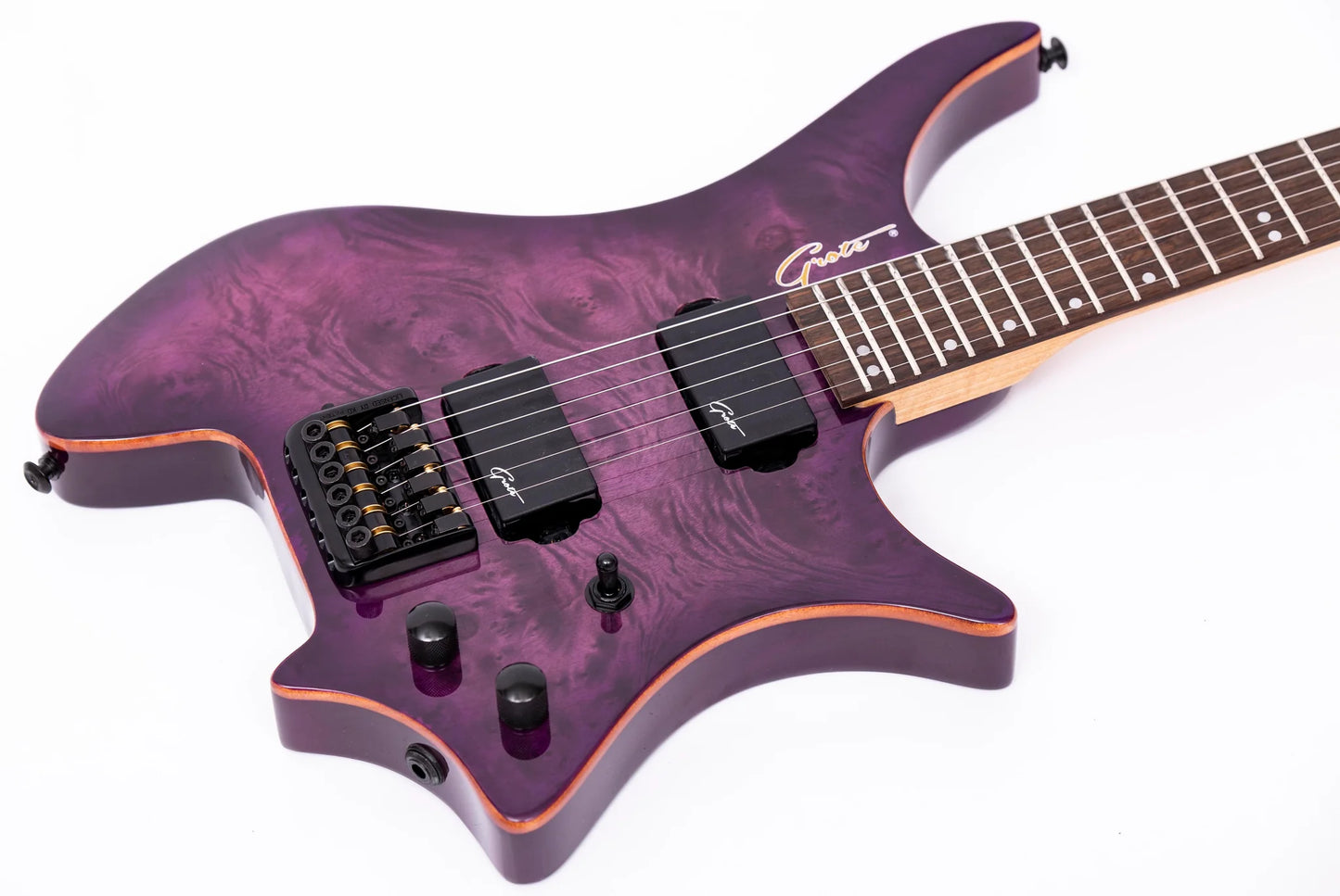 GROTE HEADLESS ELECTRIC GUITAR BURL FIGURE VENEER TOP BODY WITH GIGBAG