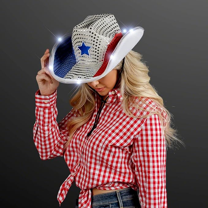 Red White and Blue Sequin Light Up LED Cowboy Hat with White LED Brim