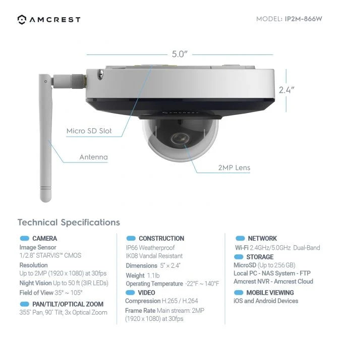 Amcrest 2MP PTZ WiFi IP Camera 3x Optical Zoom Dual Band IP2M-866W