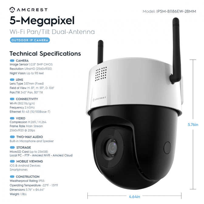 Amcrest 5MP UltraHD Mini Outdoor WiFi Camera, Security IP Camera with Manual Pan, IP5M-1190W