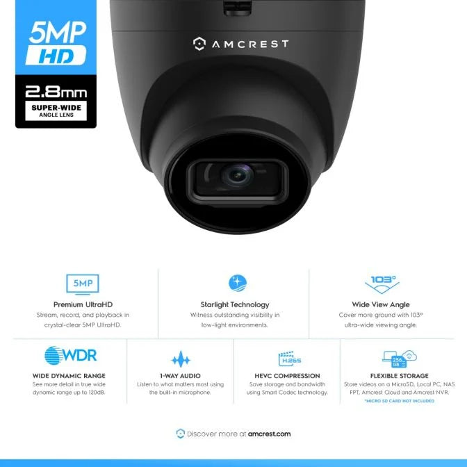 Amcrest ProHD Outdoor Security IP Turret PoE Camera, 5-Megapixel, 98ft NightVision, 2.8mm Lens, Black (IP5M-T1179EB-28MM)