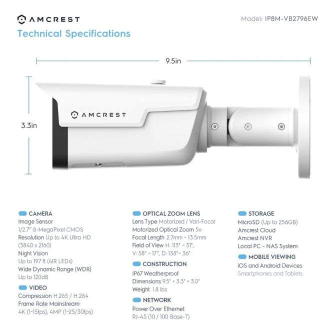 Amcrest 4K Bullet IP PoE Camera 5x Optical Zoom IP67 IP8M-VB2796EW