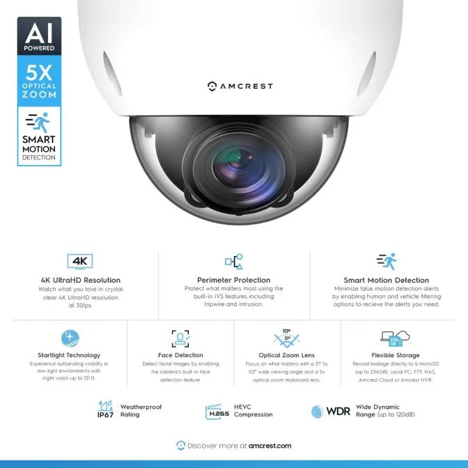 Amcrest 4K Optical Zoom AI POE Camera, 2.7mm~13.5mm Lens, IP67, 5X Optical Zoom, (IP8M-VD2893EW-AI)