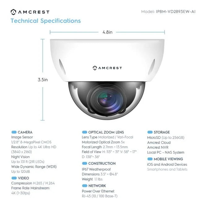 Amcrest 4K Optical Zoom AI POE Camera, 2.7mm~13.5mm Lens, IP67, 5X Optical Zoom, (IP8M-VD2893EW-AI)