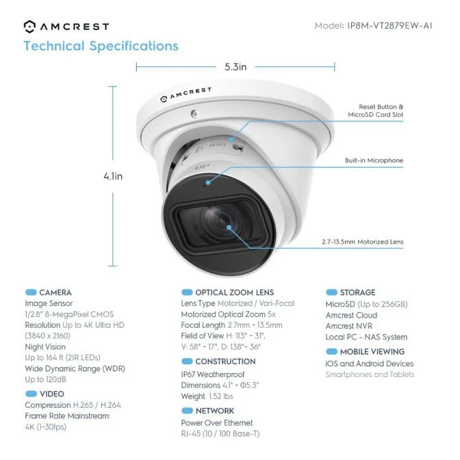 Amcrest 4K Turret AI IP PoE Camera 5x Optical Zoom IP8M-VT2879EW-AI