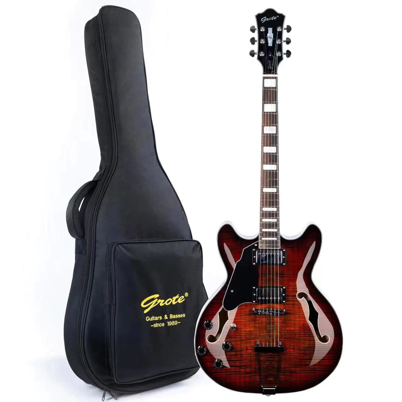 GROTE JAZZ LEFT-HANDED ELECTRIC GUITAR SEMI-HOLLOW BODY TRAPEZE TAILPIECE BRIDGE GUITAR GIG BAG