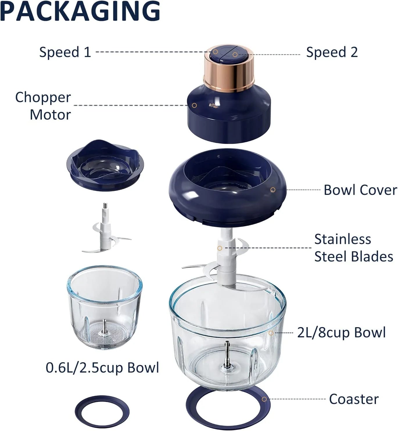 Bear Electric Food Chopper QSJ-D03Q1, 2 Glass Bowls (2L/8 Cup+0.6L/2.5 Cup), 400W