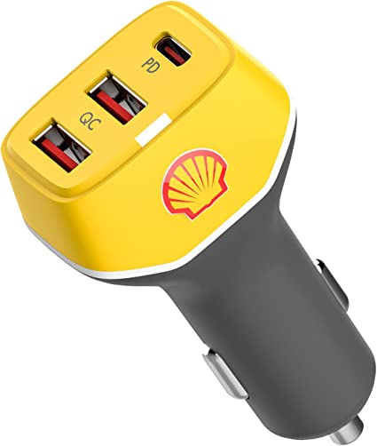 Shell USB Car Charger 3 Port 54W Type C Car Charger Adapter,30W PD USB C+ Dual QC USB A for iPhone 12/Pro/Max/Mini/iPad Pro/Air/Mini,MacBook Air,Google Pixel, Tablets,GPS