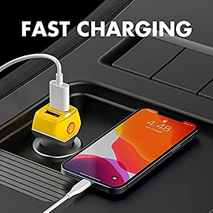 Shell Mini Car Charger 24W Fast Charge Dual Port USB Adapter with LED Indicator, Fast Charging for iPhone Pro/Max/Mini, iPad Air/Mini, Android & USB Gadgets