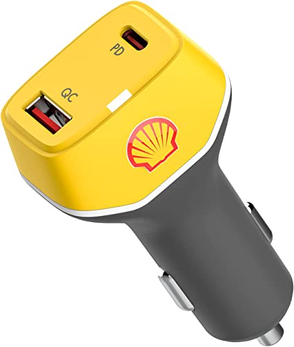 Shell iPhone Car Charger, 48W Dual Port USB Fast Car Charger, 30W PD USB C + 18W QC USB A, Car Charger Adapter for iPhone 13 /Pro/Max/Mini, iPad Pro/Air/Mini, MacBook Air, Tablets, GPS, etc.