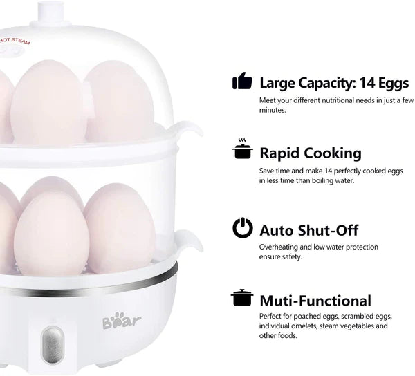 Bear Brand Rapid Electric Egg Cooker Poacher Bear, 14 Capacity Egg Boiler Auto Shut-Off, White