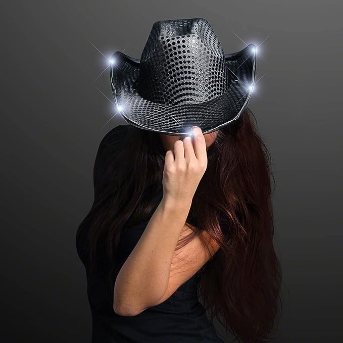 Black Sequin Light-Up Cowboy Hat for Women Girls, LED Sparkly Space Cowgirl Hat for Party