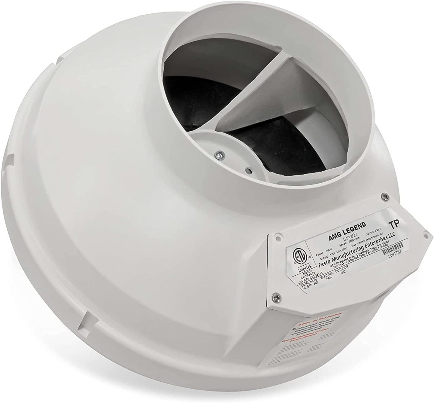 Festa Radon AMG Legend Radon Fan - Quiet and Energy Efficient 345 CFM Radon Mitigation System Inline Fan - 6" Electric Waterproof Inline Duct Fan - Made with Sturdy Glass Reinforced Poly-Resin – White