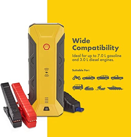 Shell SH916WC 1200A 12V Portable Lithium Jump Starter for 7-Liter Gasoline & 3-Liter Diesel Engines, 10 Safety Protections, Wireless Charging, Power Bank, 3 USB Ports, Battery Booster + Jumper Cables