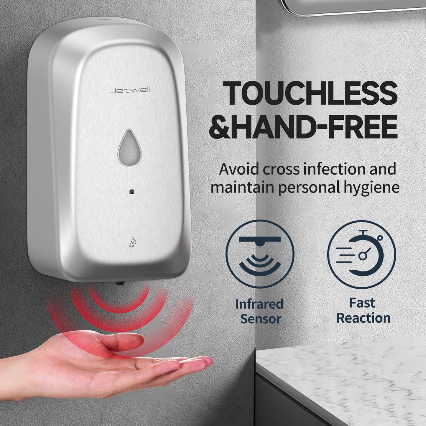 JETWELL Autoatic Touch-Less Hand Soap Dispenser, Wall Mount 34OZ/1000ML Liquid Drop Dispenser - JW1225