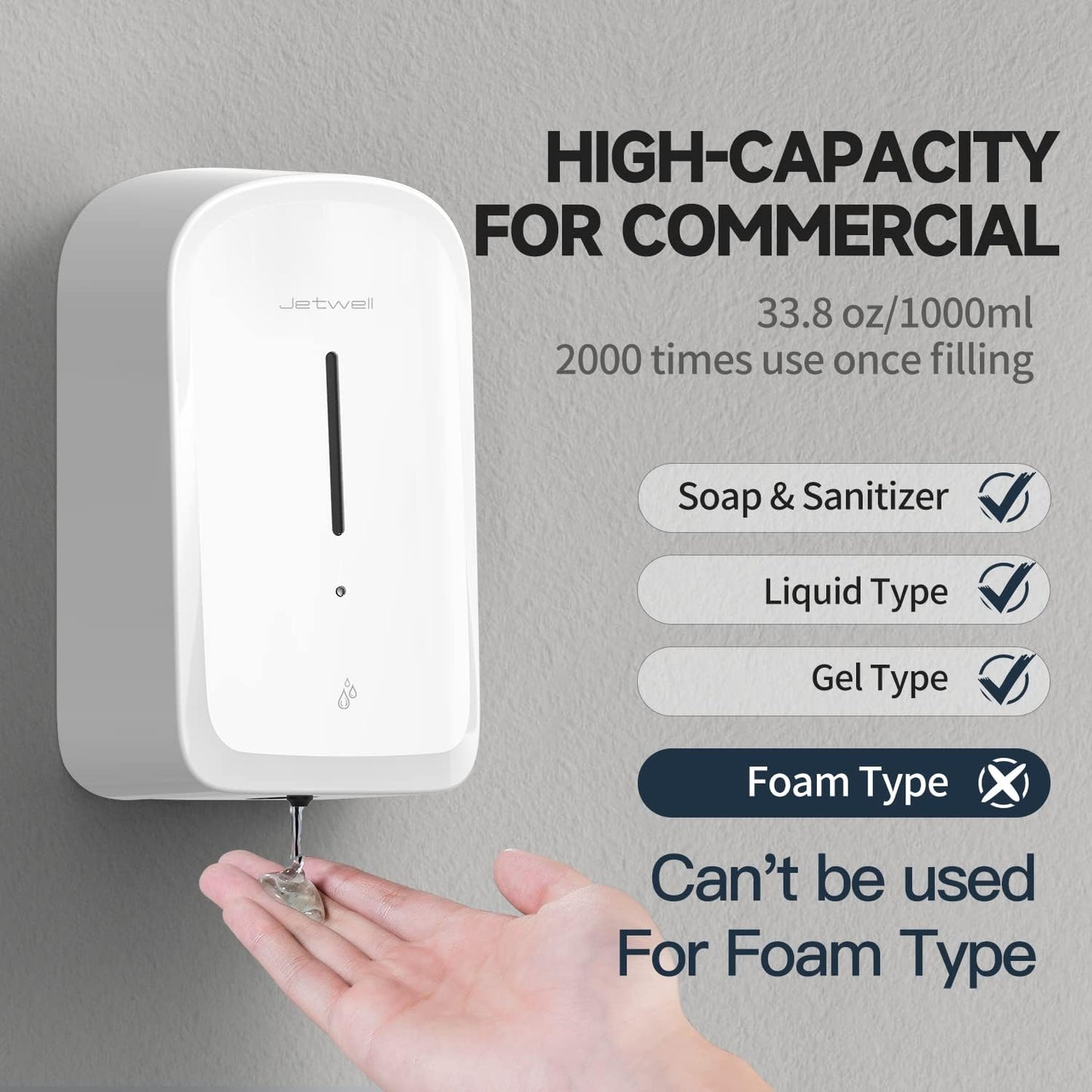 JETWELL Autoatic Touch-Less Hand Soap Dispenser, Wall Mount 34OZ/1000ML Liquid Drop Dispenser - JW1220