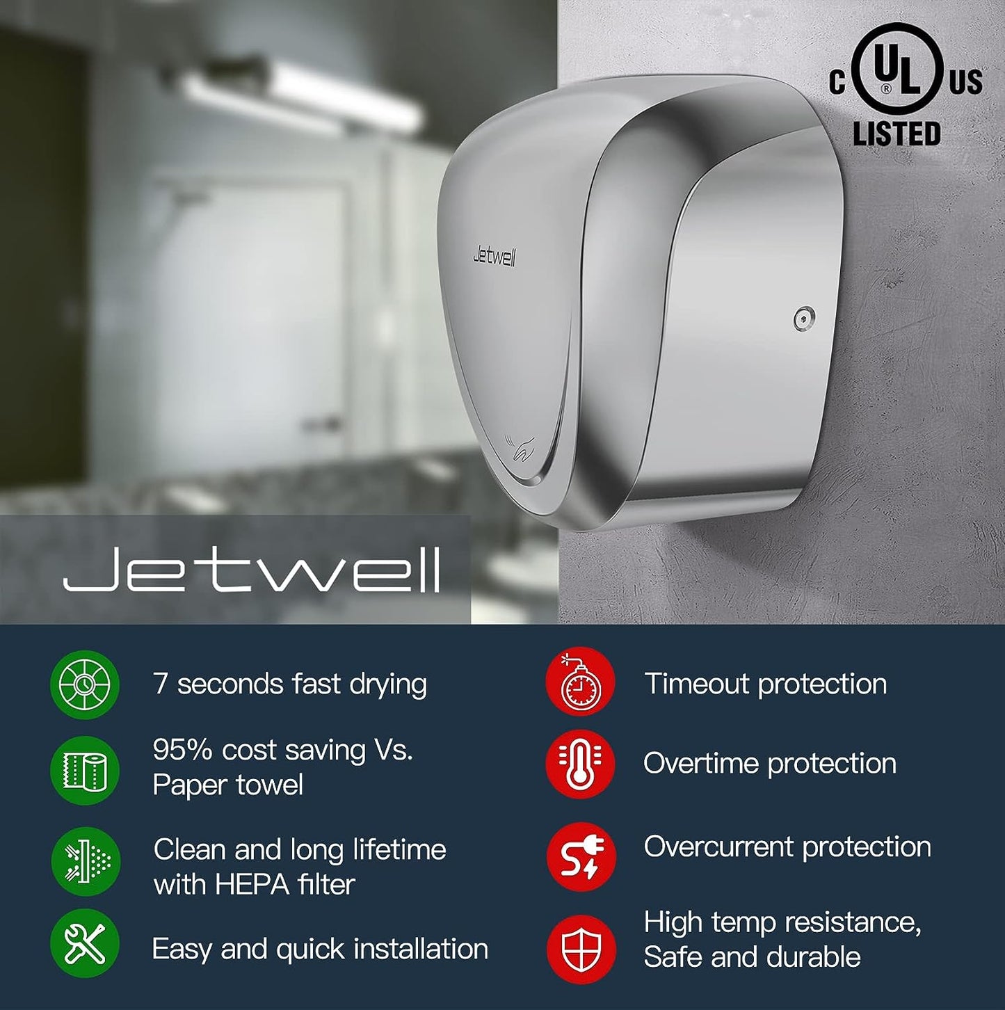 JETWELL UL Approved Commercial High Speed Hand Dryer with HEPA Filter JW2902