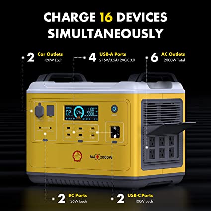 Shell 2000W Portable Power Station, 1997Wh LiFePO4 Battery, Solar Power Generator with 6 AC Outlets (Solar Panel Optional), 2 USB-C Ports 100W Max, UPS Power Supply, LED Light for Home Emergency