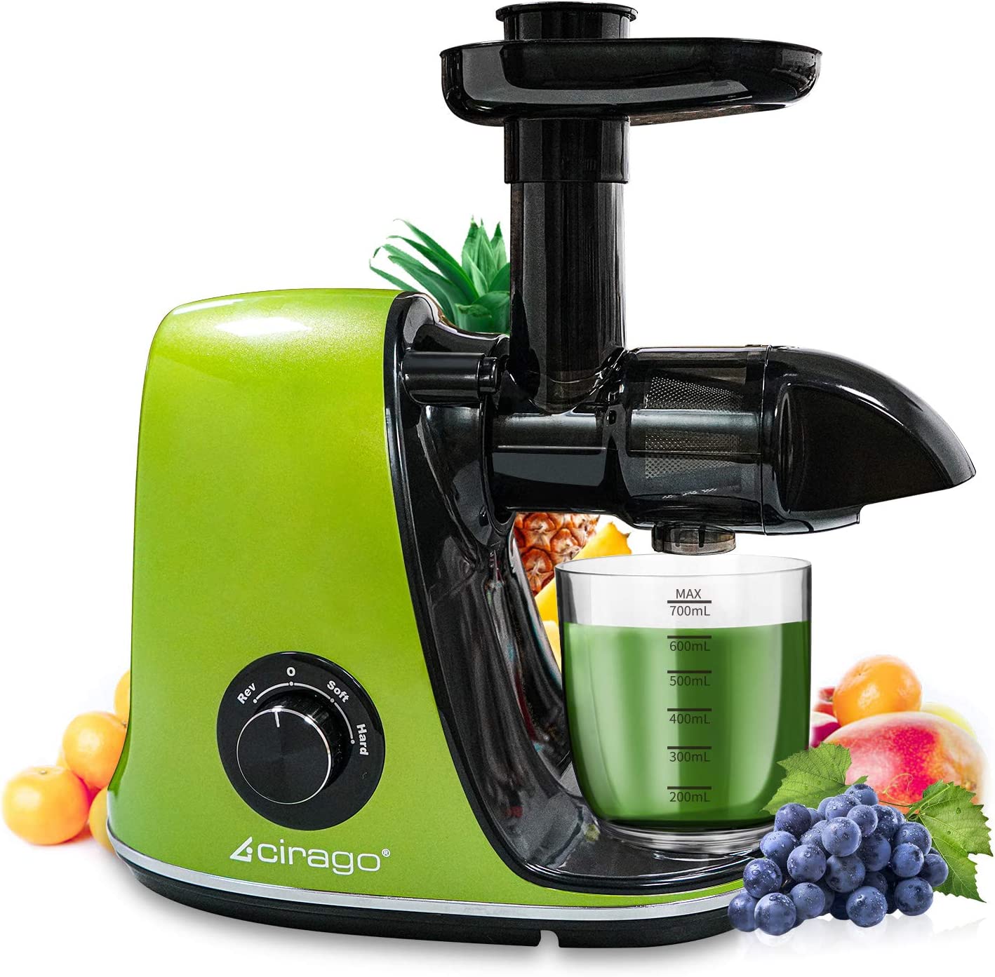 CIRAGO Juicer Machines, Slow Masticating Juicer Extractor Two Speed Adjustment, Easy to Clean, Quiet Motor, Cold Press Juicer for Vegetables and Fruits, BPA-Free (Green)