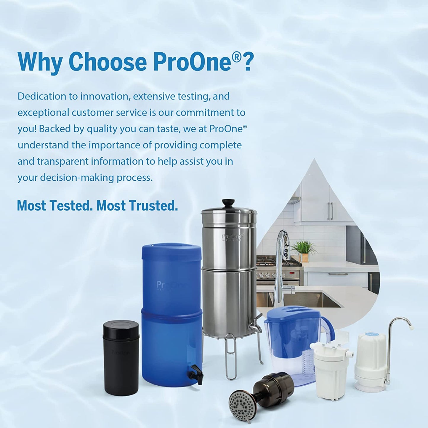 ProOne Traveler+ Stainless-Steel Gravity Water Filter System, 2.25-Gallon Water Capacity, Countertop Water Dispenser for Home, Camping, and Travel w/ (1) 5-inch Filter & Wire Stand