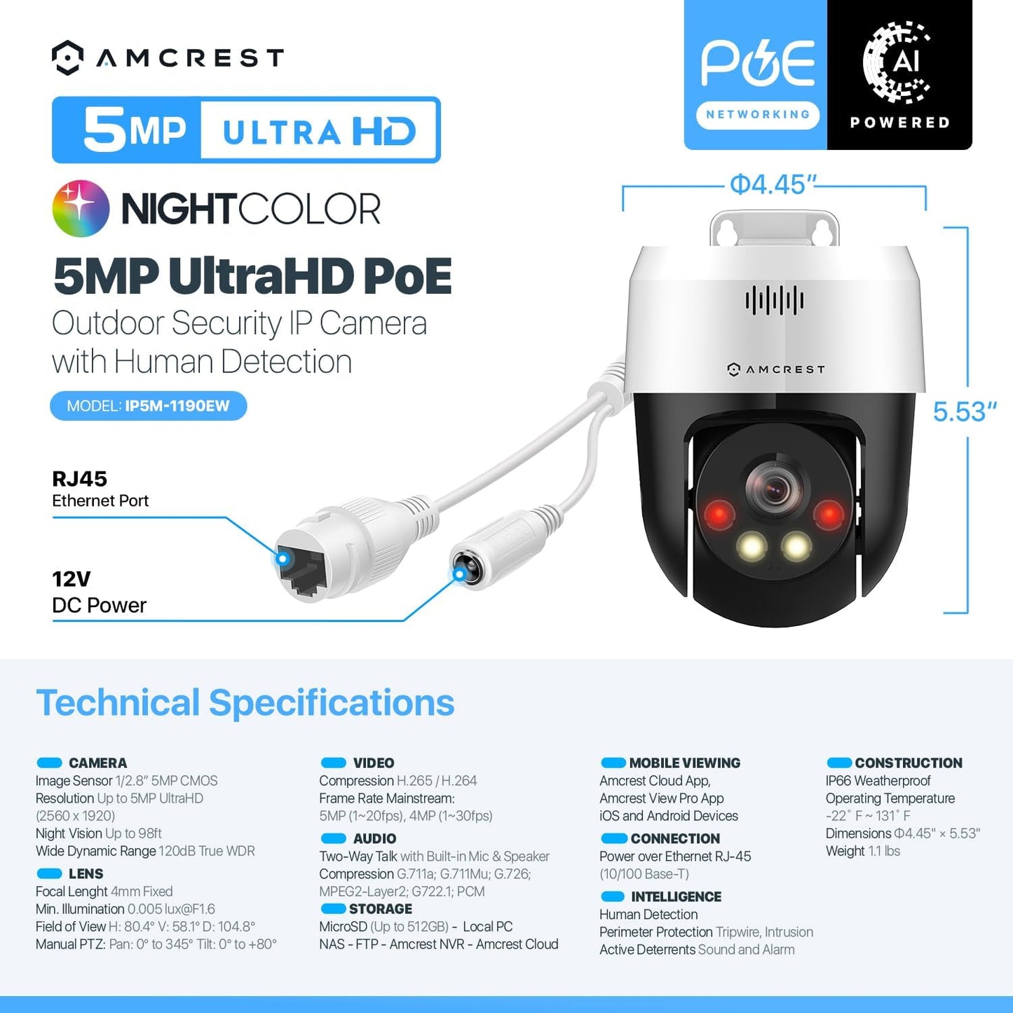 Amcrest 5MP UltraHD Mini AI Outdoor IP PoE Camera, Security IP Camera with Two-Way Audio, IP5M-1190EW (White)