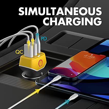 Shell USB Car Charger 3 Port 54W Type C Car Charger Adapter,30W PD USB C+ Dual QC USB A for iPhone 12/Pro/Max/Mini/iPad Pro/Air/Mini,MacBook Air,Google Pixel, Tablets,GPS