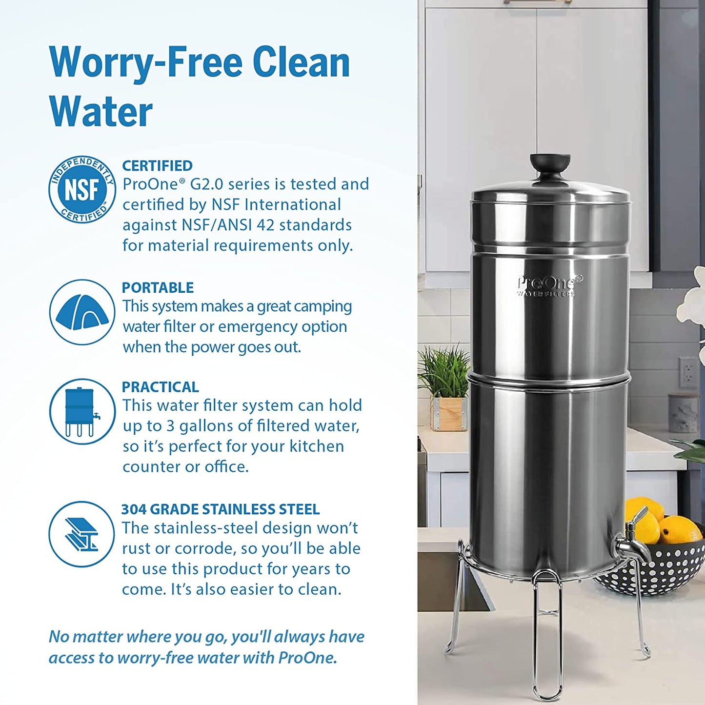 ProOne Big+ Brush Stainless-Steel Gravity Water Filter System, 3-Gallon Water Capacity, Countertop Water Dispenser for Home, Camping, and Travel Includes 2 ProOne 7-inch Filter Elements and Wire Stand