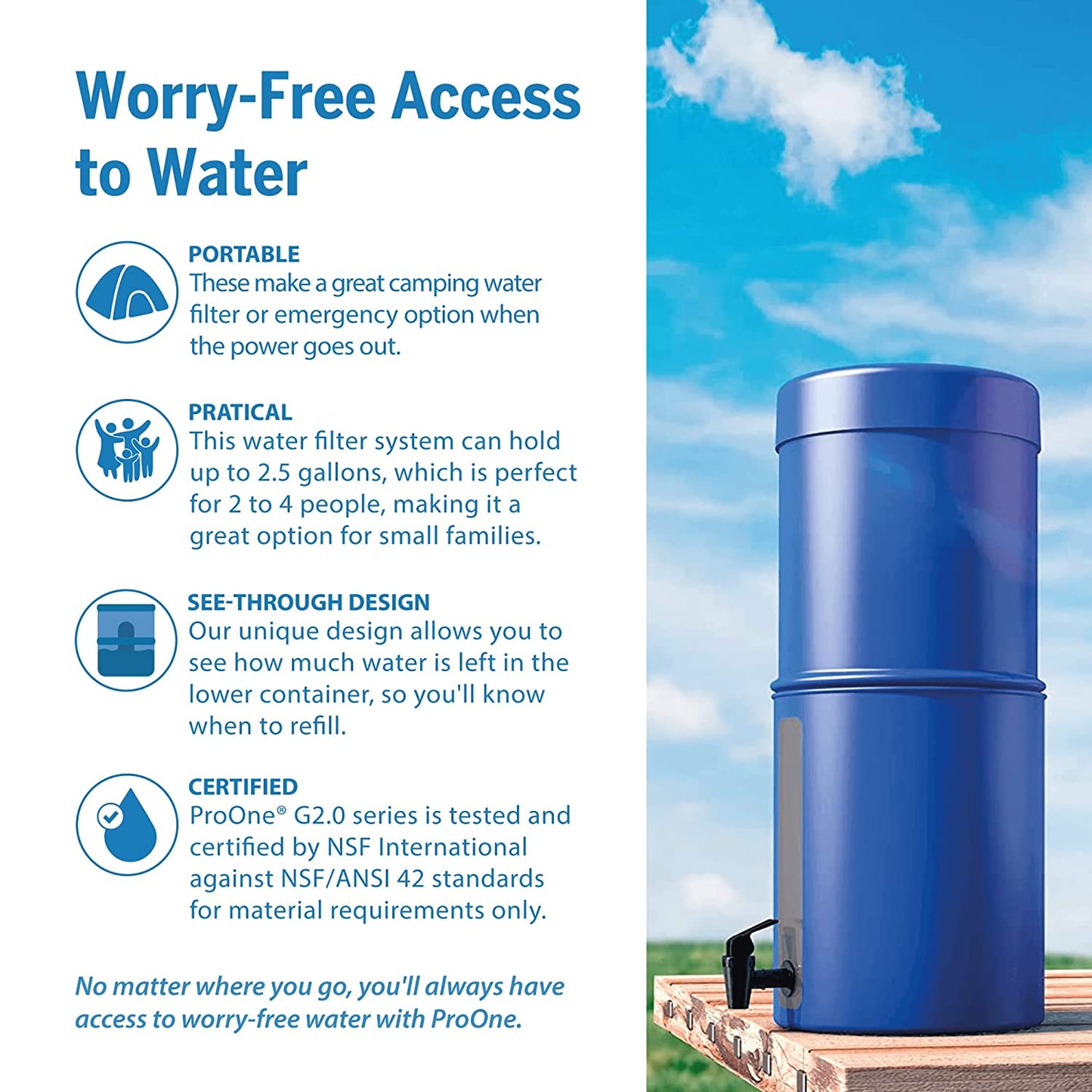 ProOne Big II Gravity Water Filter, 2.5-Gallon Water Filtration System with 5-Inch Filter and BPA-Free Spigot