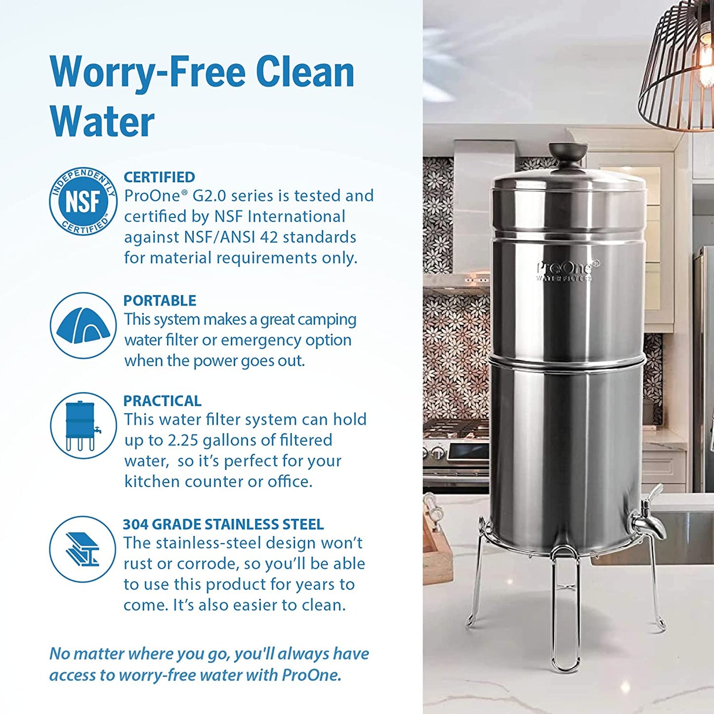 ProOne Traveler+ Stainless-Steel Gravity Water Filter System, 2.25-Gallon Water Capacity, Countertop Water Dispenser for Home, Camping, and Travel w/ 5-inch Filter & Wire Stand